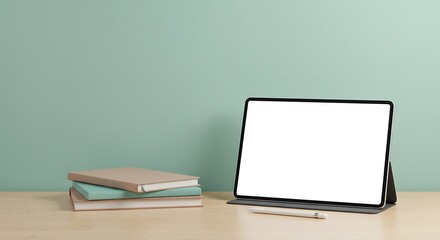 Fototapeta premium Mockup Tablet with Stylus & Books on Desk Presenting Blank White Screen Against Teal Wall, Minimalist Design for Education, Learning, Digital Workspace Concepts.