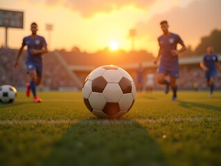 AI generated Close-up football players competing on the field at sunset. Generative AI