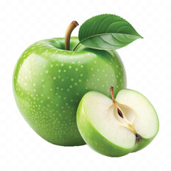realistic 3d fresh green apple with leaf and slice isolated on transparent background