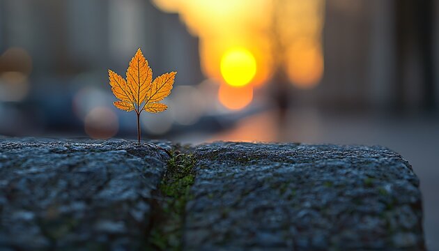Lone autumn leaf sprouts from stone wall at sunset