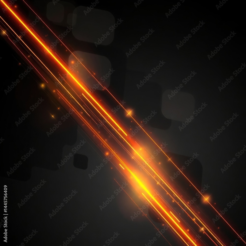 Poster glowing orange lines intersect on dark background with blurred squares