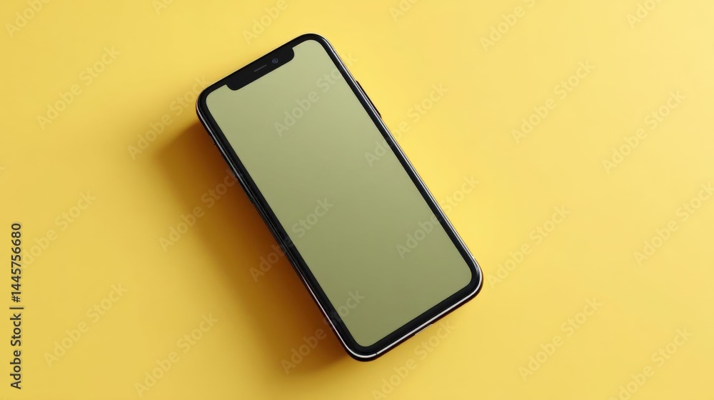 Poster 3d rendering of a smartphone with a black frame and a green screen. the phone is placed on a bright 