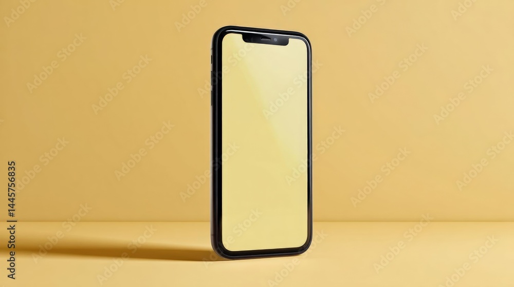 Poster black smartphone with a blank screen on a yellow background. the phone is positioned in a way that i