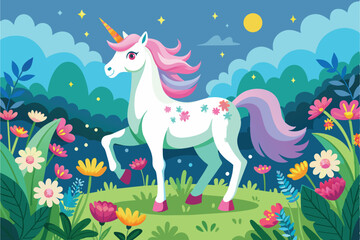 A vibrant unicorn walks gracefully among blooming flowers in a lush garden while twinkling stars dot the evening sky, creating a whimsical atmosphere.