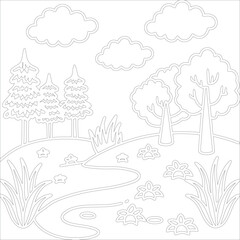 Fototapeta premium Hand-drawn vector landscape for coloring book layered illustration design
