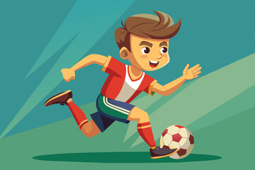 Obraz premium A cheerful young player in a red and white jersey runs energetically with a soccer ball on a bright green field under sunny skies, showcasing enthusiasm for the sport.