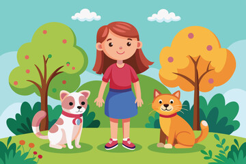 Obraz premium A young girl with brown hair smiles while standing alongside her dog and cat in a colorful park, surrounded by green trees and blooming flowers under clear skies.
