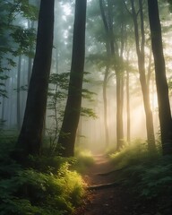 Misty Forest Path: Sunlit Trail Through Foggy Woods