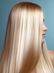 Fototapeta premium Beautiful blonde woman showing long straight healthy hair on blue background