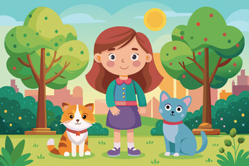 Obraz premium A young girl smiles as she poses in a lively park with two colorful cats. The landscape features lush greenery and a bright sun in the background.