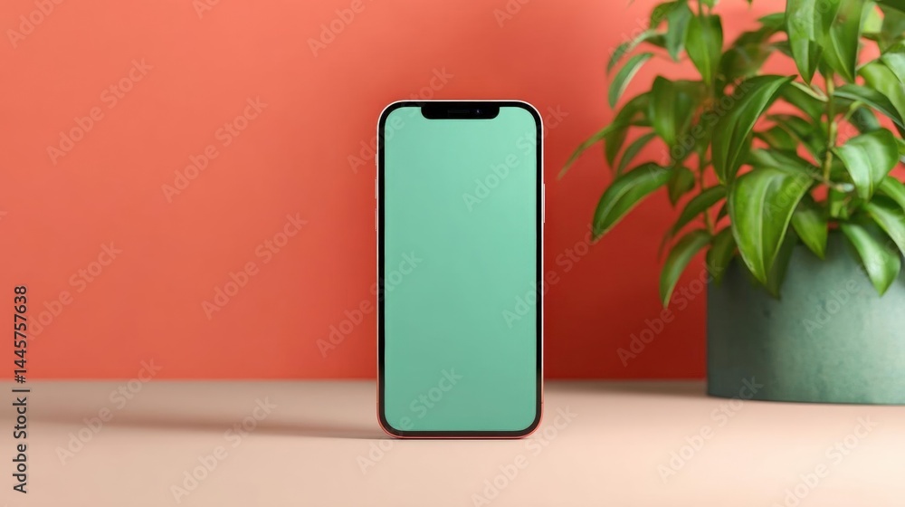 Poster smartphone with a green screen on a pink surface. the phone is positioned in the center of the image