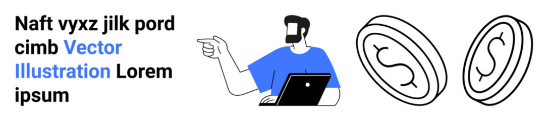 Man working on a laptop, gesturing towards floating dollar coins. Ideal for finance, digital economy, remote work, investment, online business, fintech cryptocurrency themes. Perfect flat landing