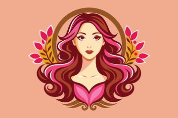 A digital artwork features a woman with long pink hair, elegantly framed by decorative leaves in warm colors, symbolizing the harmony between beauty and nature.