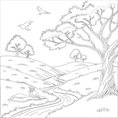 Fototapeta premium Hand-drawn vector landscape for coloring book layered illustration design