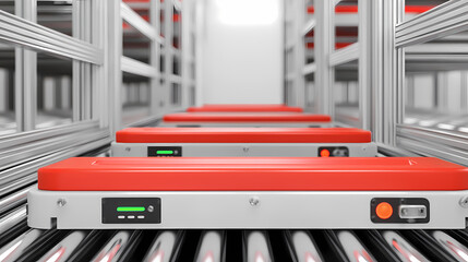 Red robotic devices move along automated rails in a high-tech warehouse or distribution center.