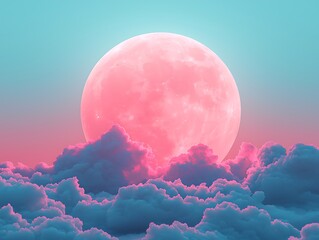 Pink moon rising above dreamy clouds