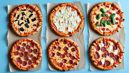Top view of six different pizzas with various toppings placed on parchment paper over a blue background, arranged in two vertical columns..