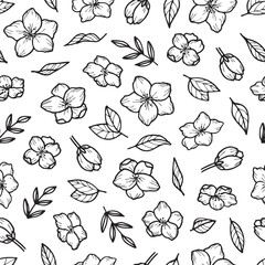 Seamless pattern of cherry flowers and leaves. Hand-drawn illustration on a white background.