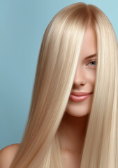 Naklejka premium Beautiful blonde woman showing long straight healthy hair on blue background