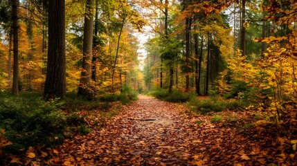 Obraz premium A path covered in fallen leaves winding through a forest in the peak of autumn colors and foliage