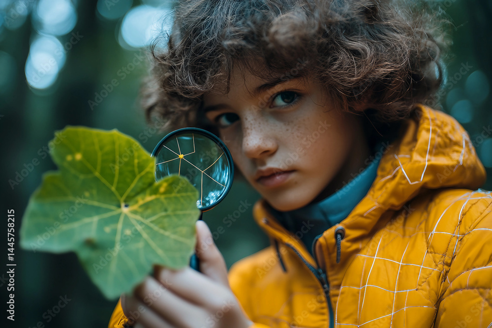 Aufkleber student exploring nature with magnifying glass during science experiment in greenery, generative ai