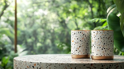 Naklejka premium Two White Terrazzo Cups on a Round Table with a Lush Green Background