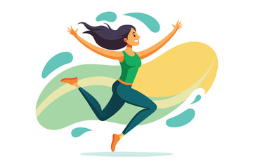 A woman with long hair happily runs forward, radiating enthusiasm against a vibrant, abstract background that conveys movement and positivity.