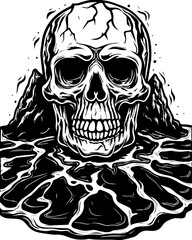Fototapeta premium Cracked skulls with hellish themes illustrated in SVG vector style. Skull Art Design with Mountains and Liquid Elements in Black and White
