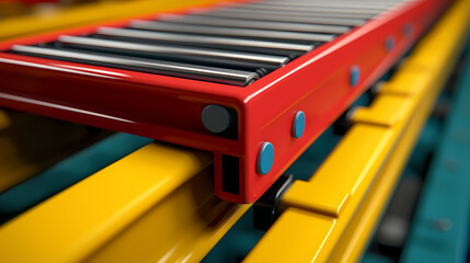 Close-up of a colorful industrial conveyor roller system with red and yellow metal components.