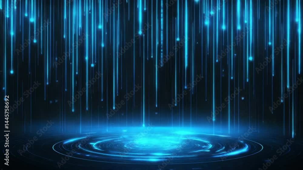 Poster abstract digital rain with blue glowing lines and particles creating a futuristic atmosphere in a da