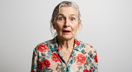 Portrait Of An Elderly Woman With Surprised Expression In Floral Shirt And White Background