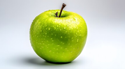 A shiny green apple with water droplets on its skin against a plain white studio background image