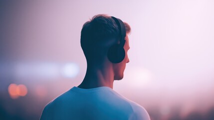 A man wearing headphones in a vibrant setting enjoying music during an evening outdoor festival.