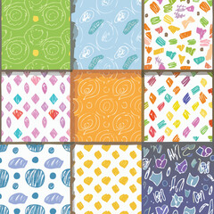 Fototapeta premium Fun and Whimsical Children’s Crayon Doodle Patterns – Seamless Background Set