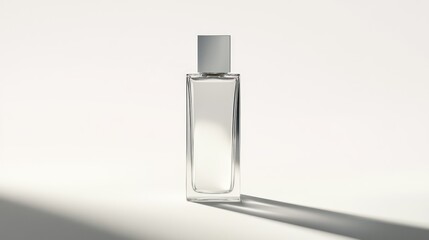 Elegant clear glass bottle with a rectangular shape and silver cap casting a distinct shadow on a