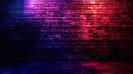 Dark brick wall illuminated by vibrant pink and blue spotlights.  Intense colors cast dramatic shadows