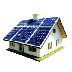 Modern house with large array of blue solar panels installed on roof for renewable energy and sustainable living, eco friendly house with solar power system