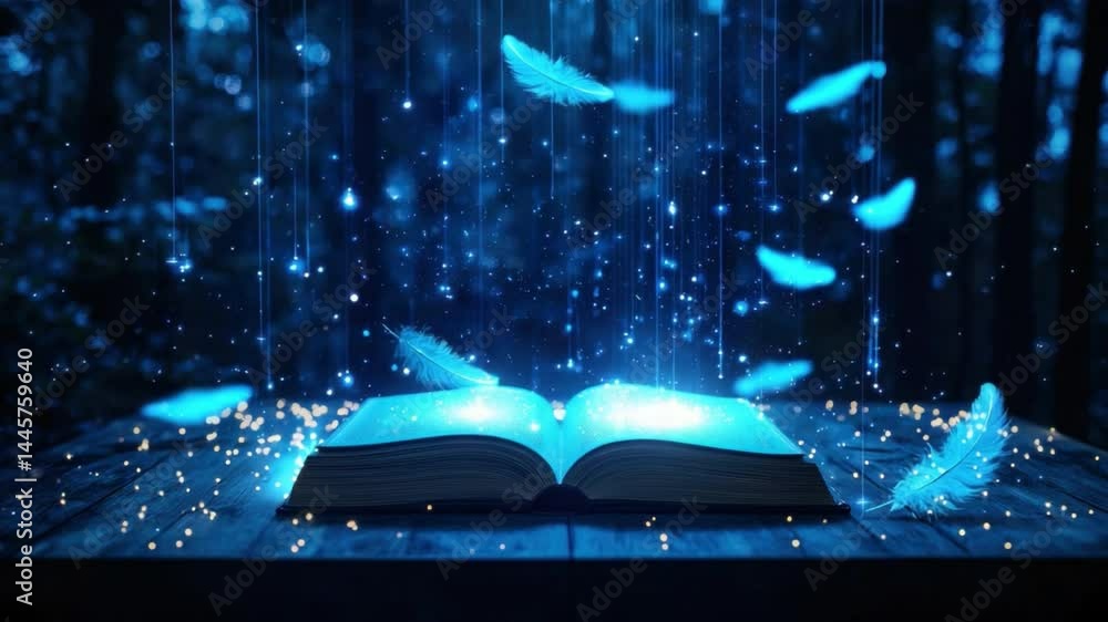 Poster enchanted book with floating feathers and sparkling lights in a mystical forest setting