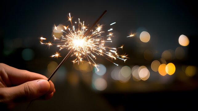 A hand holding a sparkler with blurred lights in the background creating a festive atmosphere at night
