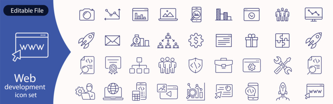 Web development set of web icons in line style. Developer icons for web and mobile app. Code, api, programmer coding, app, flow, node connect, web coder, bug fix and more. Vector illustration