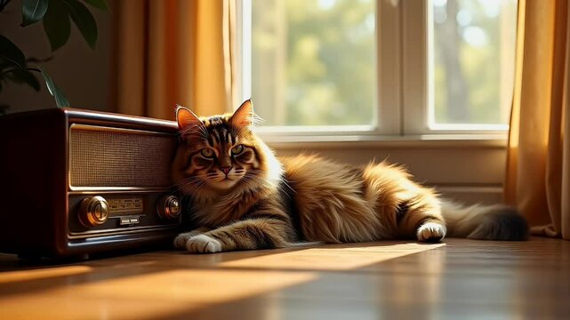 Cat resting beside vintage radio