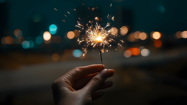 A hand holding a sparkler with bokeh lights in the background at night during a celebration time