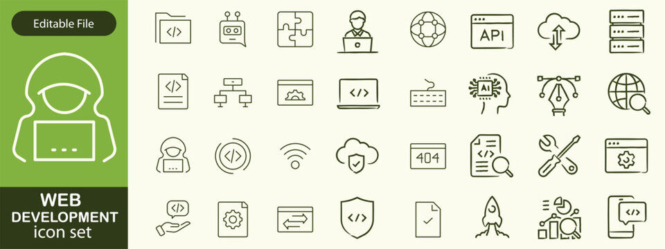 Web development set of web icons in line style. Developer icons for web and mobile app. Code, api, programmer coding, app, flow, node connect, web coder, bug fix and more. Vector illustration
