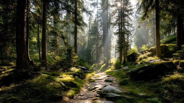 Sunlight streaming through tall trees illuminating a path in a dense green forest landscape view