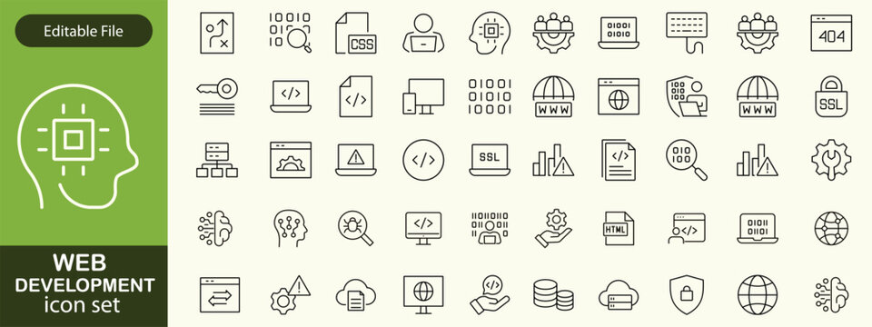 Web development set of web icons in line style. Developer icons for web and mobile app. Code, api, programmer coding, app, flow, node connect, web coder, bug fix and more. Vector illustration