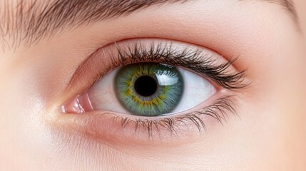 Obraz premium Close-up of a human eye with green iris, detailed view of eyelashes and eyebrow, natural light highlighting the texture, and health and beauty concept.