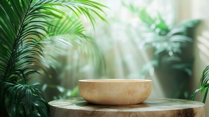 Stone Bowl on Wooden Surface with Lush Tropical Plants and Soft Sunlight