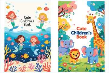 Colorful Children Book Cover Illustrations Mermaids And Safari Animals Vector Design