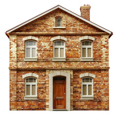 Fototapeta premium Classic brick house with traditional architectural details showcasing a symmetrical facade, three on each floor, stone accents, and a wooden front door against a white background