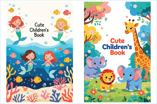 Colorful Children Book Cover Illustrations Mermaids And Safari Animals Vector Design